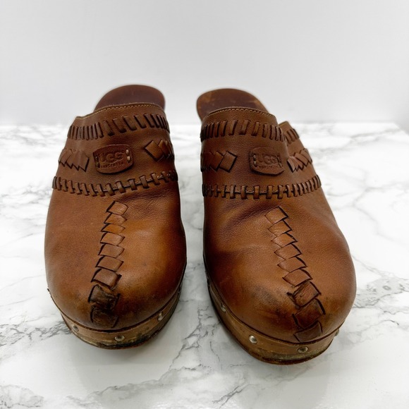 UGG Vivica Women's Brown Leather Woven Platform Clog Heel Shoes‎ Size 8 - Picture 2 of 8